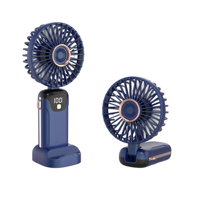 Mini blue desk fan, USB rechargeable and portable.