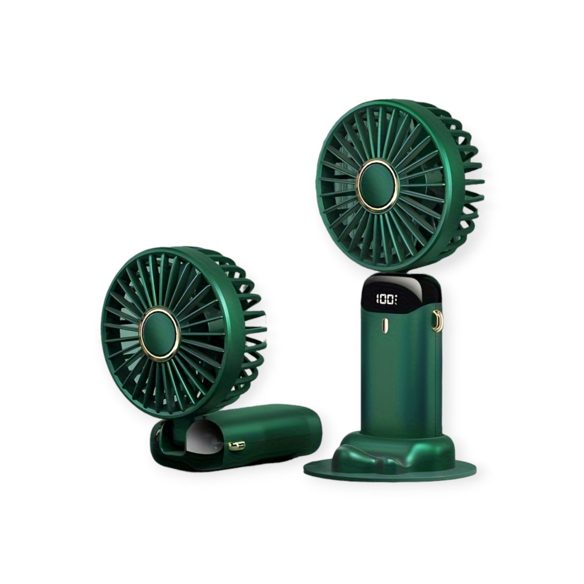 Compact green portable fan for desks and travel.